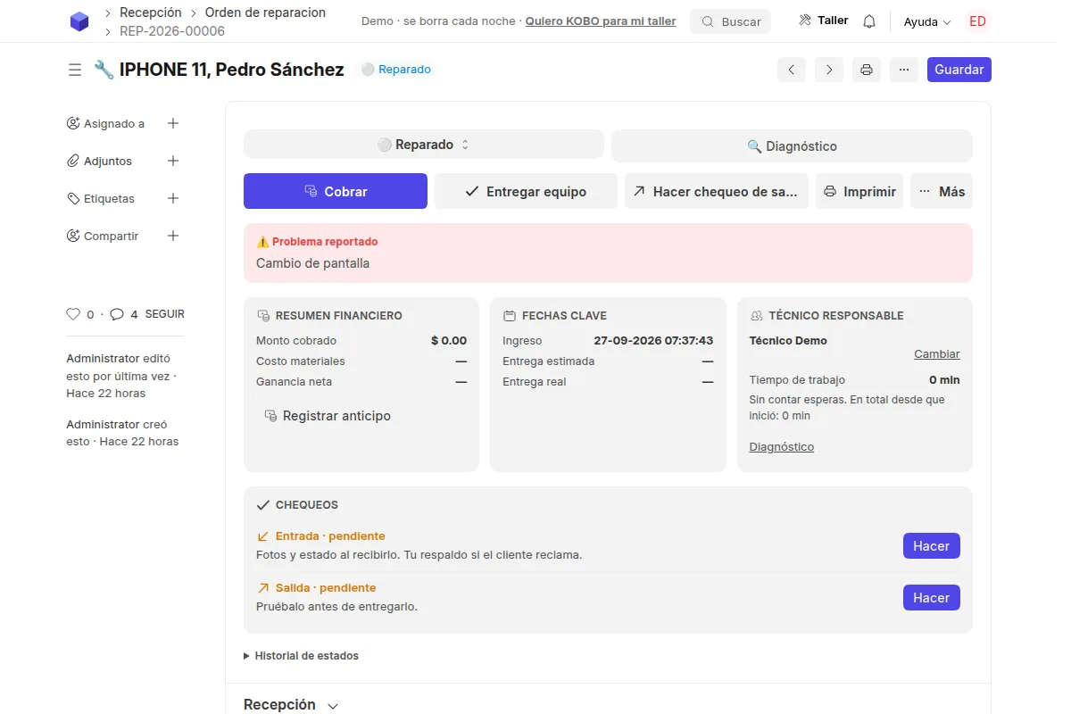 Orden de reparación en tekit